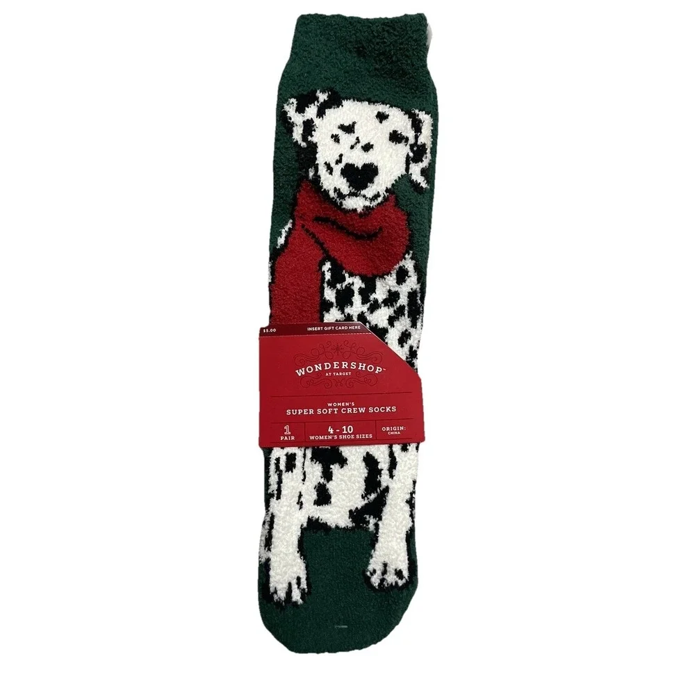 Target Wondershop Crew Sock, Green/White Dalmatian Dog. Size 4/10